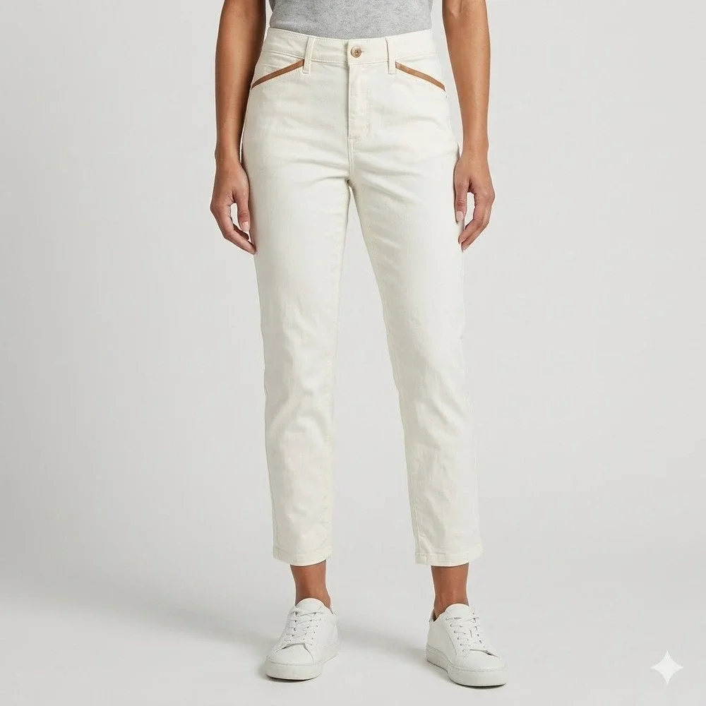 WHBM High Rise Slim Crop Pants Off White‎ Tan Pocket Trim Size 14